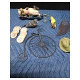 Wood drink tokens, metal bicycle, metal mini fishing net, wood cat on hay trailer, parrot, fish, boat and bird