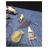 Wood drink tokens, metal bicycle, metal mini fishing net, wood cat on hay trailer, parrot, fish, boat and bird