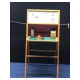 Vintage green slate folding chalkboard desk, 1978 Texas Little Professor calculator - Works, metal desk bell - works