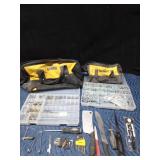 Dewalt bags, tools, Plano tackle box of bolts and a Pro Bass tackle box of hardware
