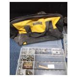 Dewalt bags, tools, Plano tackle box of bolts and a Pro Bass tackle box of hardware