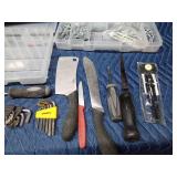 Dewalt bags, tools, Plano tackle box of bolts and a Pro Bass tackle box of hardware