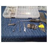 Dewalt bags, tools, Plano tackle box of bolts and a Pro Bass tackle box of hardware