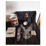 Harley Davidson items: Ring, lamp, tool bucket belt, stationary set in tin, helmet bag headbands and a motorcycle angel pin