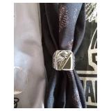 Harley Davidson items: Ring, lamp, tool bucket belt, stationary set in tin, helmet bag headbands and a motorcycle angel pin