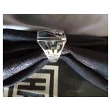 Harley Davidson items: Ring, lamp, tool bucket belt, stationary set in tin, helmet bag headbands and a motorcycle angel pin