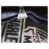 Harley Davidson items: Ring, lamp, tool bucket belt, stationary set in tin, helmet bag headbands and a motorcycle angel pin