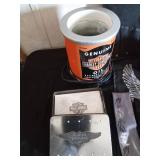 Harley Davidson items: Ring, lamp, tool bucket belt, stationary set in tin, helmet bag headbands and a motorcycle angel pin