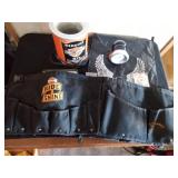 Harley Davidson items: Ring, lamp, tool bucket belt, stationary set in tin, helmet bag headbands and a motorcycle angel pin
