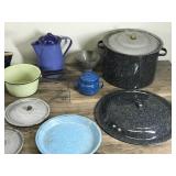 Lot of Vintage Enamel Ware - Pots - Pans - Coffee Pot - Kettle - Lids - Strainer - Lids & More