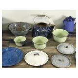 Lot of Vintage Enamel Ware - Pots - Pans - Coffee Pot - Kettle - Lids - Strainer - Lids & More