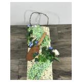 Wall Hanging Home Decor - Barb Wire for Hook with Garden Spade, Gloves & Artificial Flowers - On a Piece of Wood made to Look Old