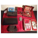 Realistic pocket vision LCD TV with manual, Waltham Watch in original case with manual, cuff links, vintage coin purse, lighter, and vintage manicue set