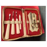 Realistic pocket vision LCD TV with manual, Waltham Watch in original case with manual, cuff links, vintage coin purse, lighter, and vintage manicue set