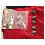 3 Miniature metal guns, 3 miniature metal guns in holsters with gems on butt of guns and 1975 custom cast metal historical figures