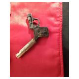 1965 metal multi pistol 09 cap gun by Topper Toys, vintage HAWK tin toy cap gun, vintage metal pencil sharpener pistol