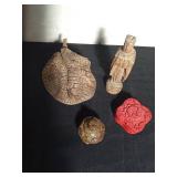 Chinese hand carved stone snuff bottle, dried branch pod, carved wood statue, and a wood trinket box
