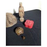 Chinese hand carved stone snuff bottle, dried branch pod, carved wood statue, and a wood trinket box