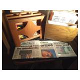 2 Magazine racks full of magazines and maps - Mad, mother earth news, Fur-fish game, Gopher Historian. Life, 911 newspapers and more