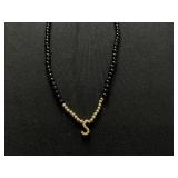MCYS Onyx & Polished Gold Bead "S" 18" Pendant Necklace Gold Tone Sterling Silver