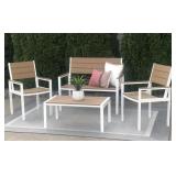  NEW 4pc Outdoor 2 Chairs, Coffee Table and Bench White/Brown Polywood All Weather Wood