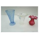 Vintage Indiana Glass Diamond Point Vase; Mikasa Parisian Ivy Vase; Fenton Cranberry Glass Vase