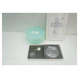 Vintage 1960s Avon "Rapture beauty dust powder box; Precious Moments Boy Baptism Cross, Pewter Schwan