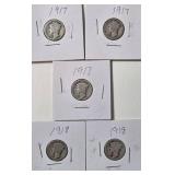 5 - Silver Mercury Dimes (1917,1917,1917,1918,1918)