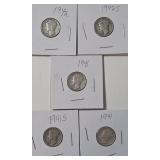 5 - Silver Mercury Dimes (1941,1941,1941S,1942,1942S)