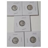 5 - Silver Mercury Dimes (1945,1945,1945,1945S,1945S)