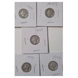 5 - Silver Mercury Dimes (1944,1944,1944,1944,1944D)