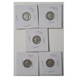 5 - Silver Mercury Dimes (1934,1935,1935,1936,1938D)