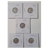 5 - Silver Mercury Dimes (1939,1939,1939,1944D,1944S)