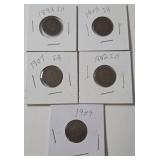 5 - Indian Head Pennies (1892,1892,1903,1907,1907) - IH