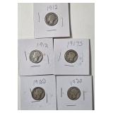 5 - Silver Mercury Dimes (1912,1912,1917S,1918D,1920)