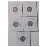 5 - Silver Mercury Dimes (1923,1923,1924,1924,1925)