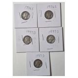 5 - Silver Mercury Dimes (1936S,1936S,1937S,1937D,1937D)