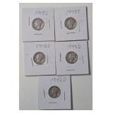5 - Silver Mercury Dimes (1942D,1942D,1942D, 1943S,1943S)