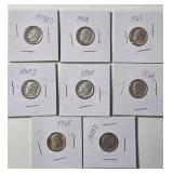 8- Silver Roosevelt  Dimes (1948D,1959D,1962,1963,1963D,1964,1964,1964)