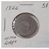 1866 - 5 Cent Coin with Rays