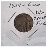 3 - Indian Head Pennies (1904 Die Crack Face, 1906, 1907 Crud Reverse)