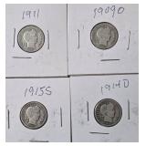 4 - Silver Barber Dimes (1909O,1911,1914D,1915S)