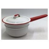Vintage White Enamel Saucepan with Red Trim – Graniteware with Lid