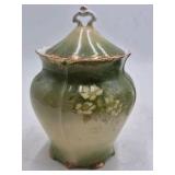 Vintage Porcelain Trinket Box – Green Glaze with Hand-Painted Floral Motif