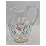 Vintage Glass Pitcher – Hand-Painted Heron and Foliage Design