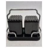 Vintage Black Ceramic Salt and Pepper Shakers with Chrome Caddy