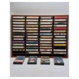 Vintage Cassette Tape Collection in Wooden Wall Rack – 1970s-1980s Rock Pop Mix
