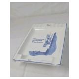 Vintage Humorous Ceramic Ashtray – Cowboy Falling Off Cliff Cartoon Blue Print