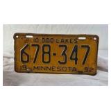 1952 Minnesota License Plate – 10,000 Lakes Yellow and Black