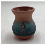 Vintage Sioux Pottery Vase – Teal Gradient Geometric Crosses Signed